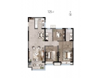 125㎡户型， 3室2厅2卫1厨， 建筑面积约125.00平米